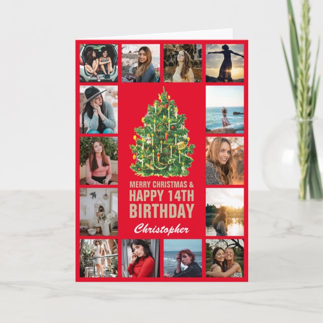 Frohe Weihnachten und 14. Glück Geburtstag Red & G Karte (Vorderseite)