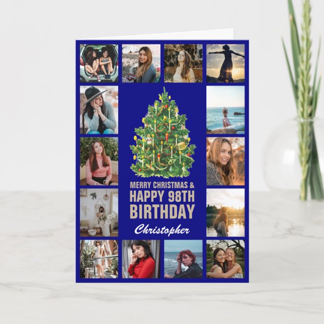Frohe Weihnachten und 98. Happy Birthday Navy Blue Karte (Vorderseite)
