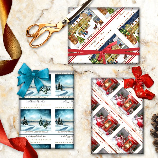 Frohe Weihnachten und ein glückliches neues Jahr Geschenkpapier Set (Festive Christmas and New Year wrapping paper sheets featuring colorful holiday designs)