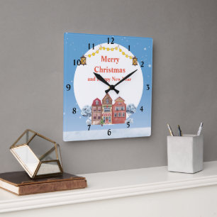Frohe Weihnachten und Glück im neuen Jahr 10,75" Quadratische Wanduhr