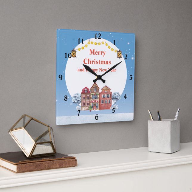 Frohe Weihnachten und Glück im neuen Jahr 10,75" Quadratische Wanduhr (Büro)