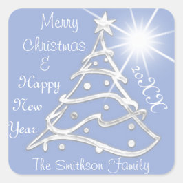 Frohe Weihnachten und Glück Neujahr Tree Gray Blue Quadratischer Aufkleber