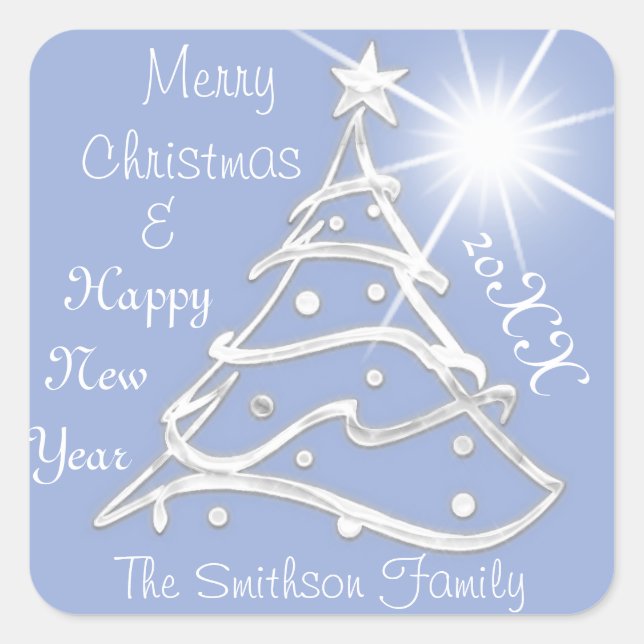 Frohe Weihnachten und Glück Neujahr Tree Gray Blue Quadratischer Aufkleber (Vorderseite)
