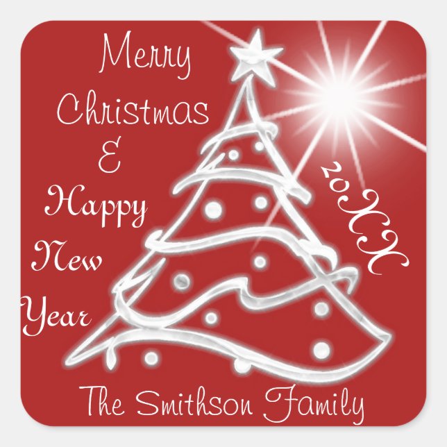 Frohe Weihnachten und Glück Neujahr Tree Gray Red Quadratischer Aufkleber (Vorderseite)