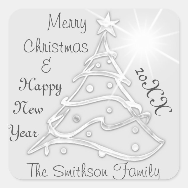 Frohe Weihnachten und glückliche Neujahrsbaum Gray Quadratischer Aufkleber (Vorderseite)