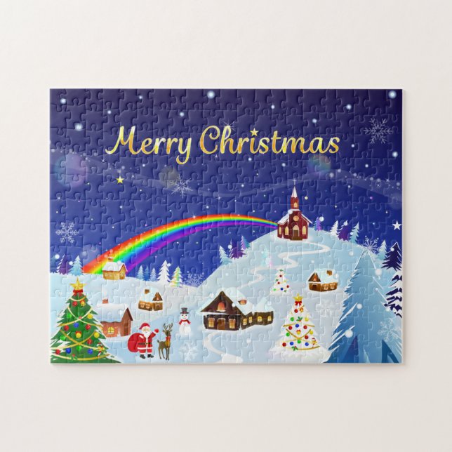 Frohe Weihnachten und Regenbogen Santa Puzzle (Horizontal)
