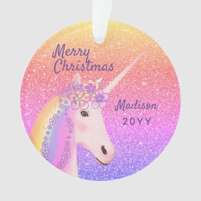 Frohe Weihnachten Unicorn Rainbow Pastel Mit Monog Ornament (Vorderseite)