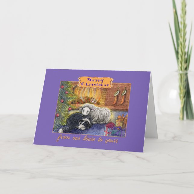 Frohe Weihnachten unser Haus an deins, Hundekarte (Vorderseite)