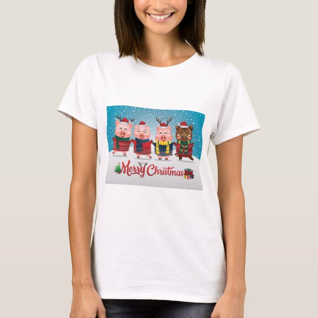 Frohe Weihnachten Vier Kleine Schweine T-Shirt (Vorderseite)