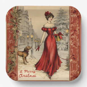 Frohe Weihnachten Viktorianische Lady Illustration Pappteller
