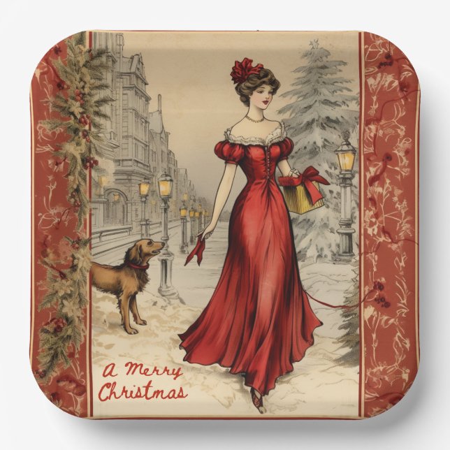 Frohe Weihnachten Viktorianische Lady Illustration Pappteller (Vorderseite)