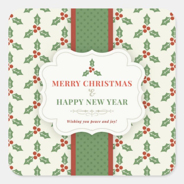 Frohe Weihnachten Vintag Holly Berry Quadratischer Aufkleber (Vorderseite)