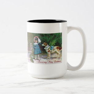Frohe Weihnachten Vintag mit Girl English Setter Zweifarbige Tasse