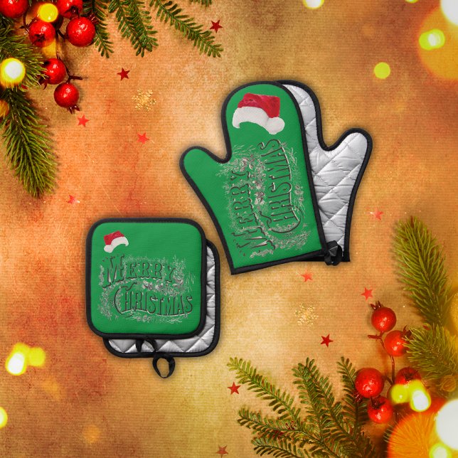 Frohe Weihnachten - Vintag, mit Weihnachtsmannmütz Ofenhandschuh & Topflappen-Set (Von Creator hochgeladen)