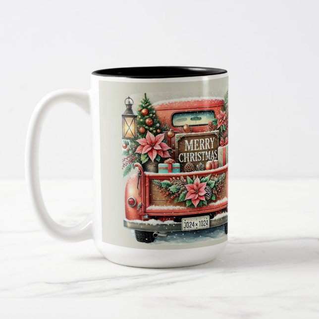 Frohe Weihnachten Vintag Orange Truck Zweifarbige Tasse (Links)