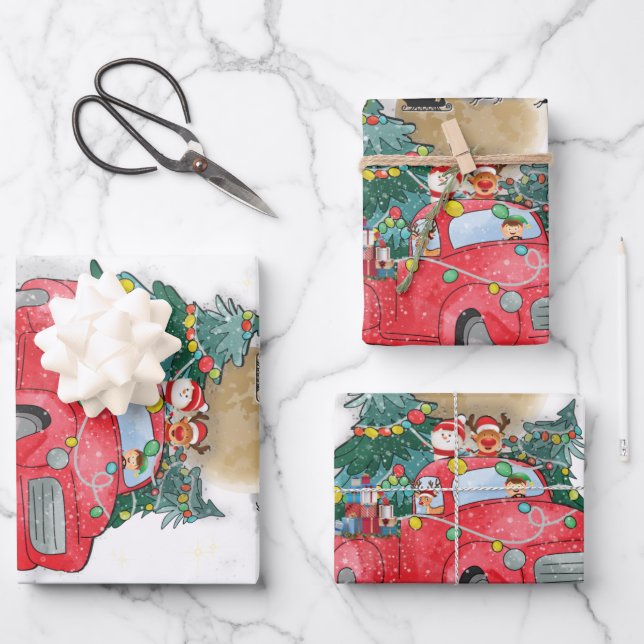 Frohe Weihnachten Vintag Red Santa Truck Geschenkpapier Set (Vorderseite)