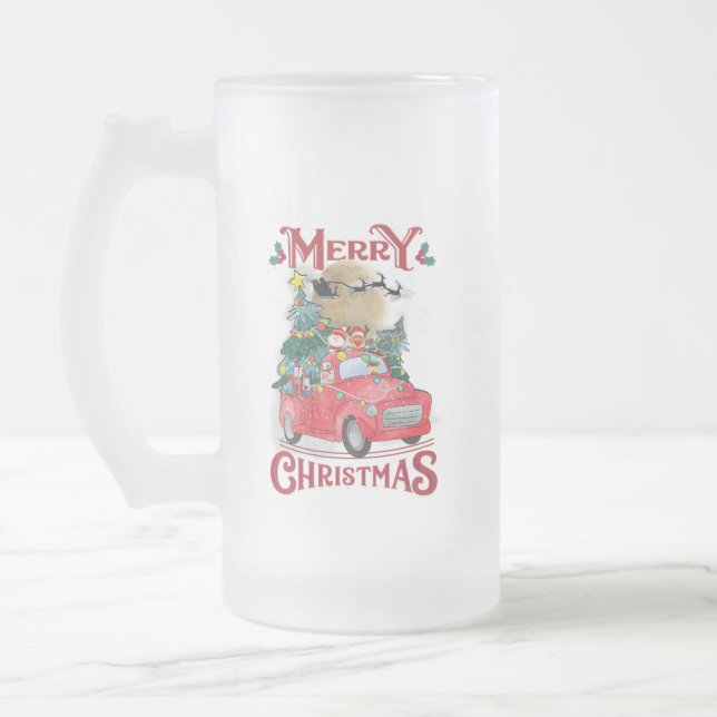Frohe Weihnachten Vintag Red Santa Truck Mattglas Bierglas (Links)