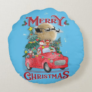 Frohe Weihnachten Vintag Red Santa Truck Rundes Kissen