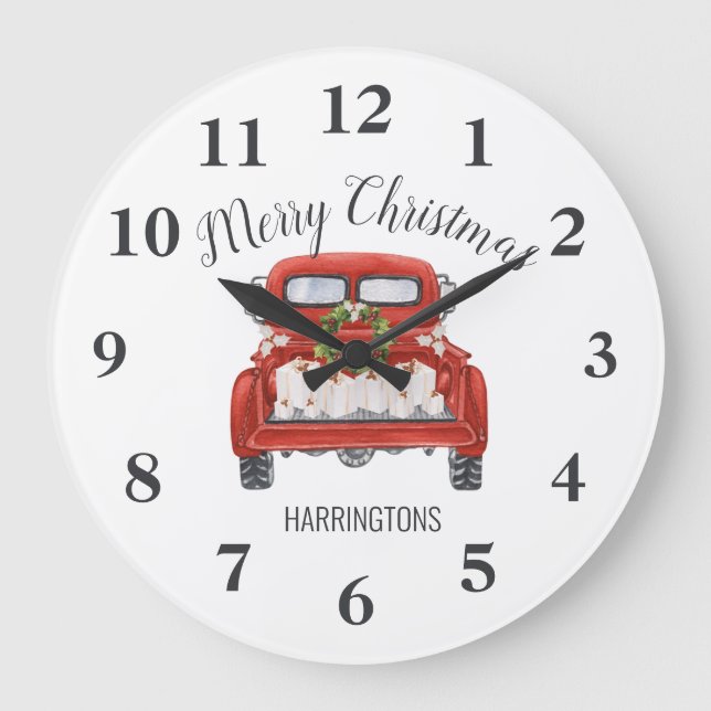 Frohe Weihnachten Vintag Red Truck Familienname Große Wanduhr (Vorderseite)