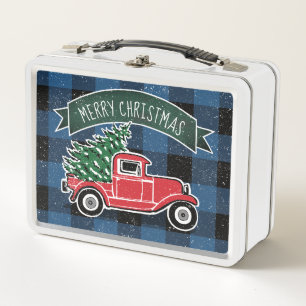 Frohe Weihnachten Vintag Truck Blue Buffalo Karier Metall Brotdose