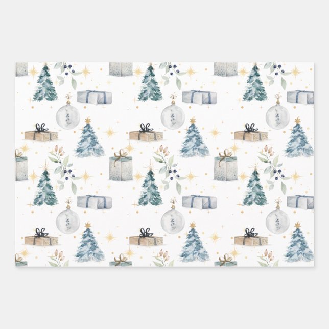 Frohe Weihnachten Vintage Aquarellmönche Geschenkpapier Set (Vorderseite)