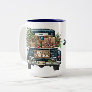 Frohe Weihnachten Vintage Blau LKW Zweifarbige Tasse