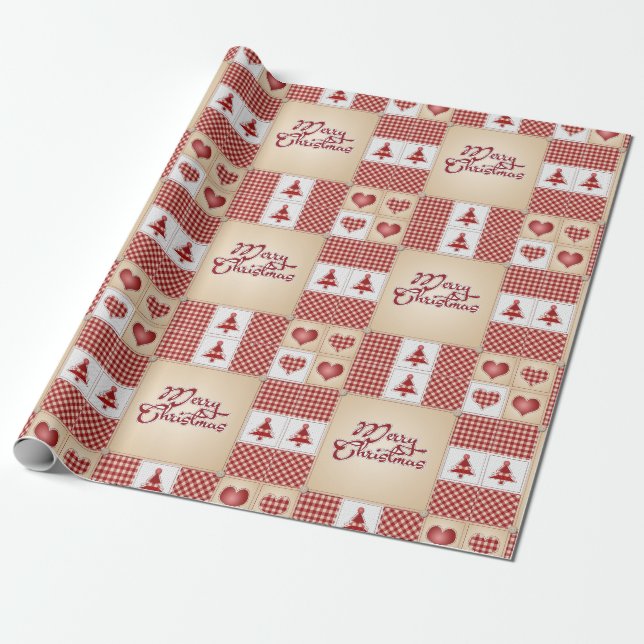 Frohe Weihnachten Vintage Country Quilt Muster Geschenkpapier (Ungerollt)