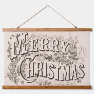 Frohe Weihnachten, Vintage Currier & Ives Druck Wandteppich Mit Holzrahmen