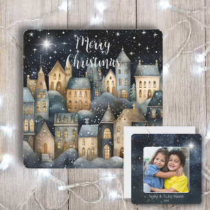 Frohe Weihnachten Vintage-Dorf Familienfoto Name Karte