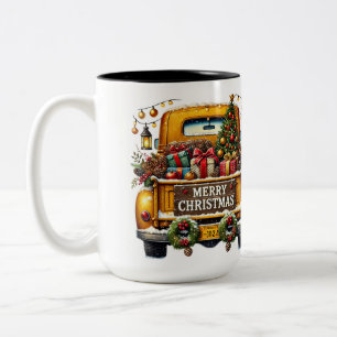 Frohe Weihnachten Vintage Gelber LKW Zweifarbige Tasse