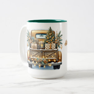 Frohe Weihnachten Vintage Gold Truck Zweifarbige Tasse