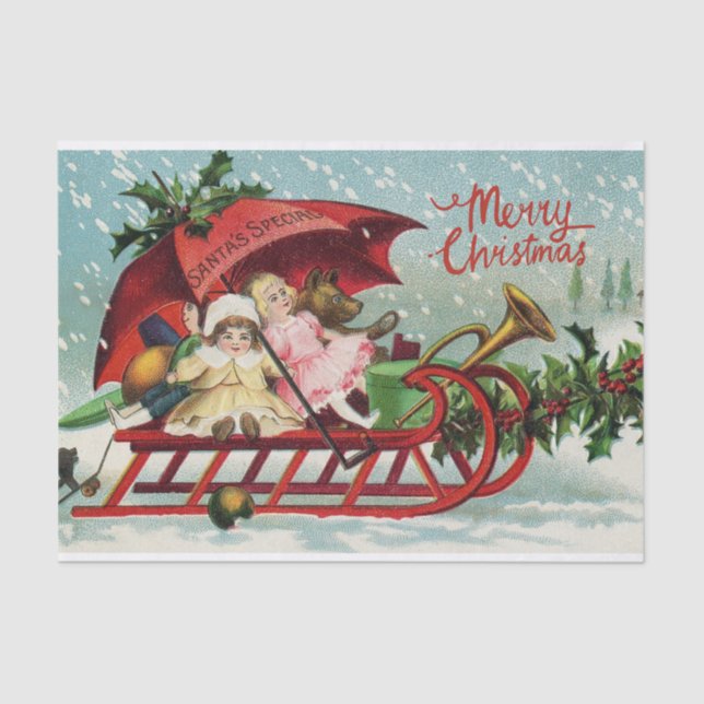 Frohe Weihnachten Vintage Kinder auf Santa's Schli Seidenpapier (Vorderseite)