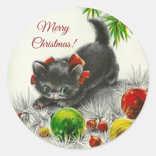 Frohe Weihnachten Vintage-Kitty-Katze Runder Aufkleber