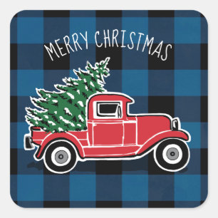 Frohe Weihnachten Vintage-LKW Blau Buffalo Karo Quadratischer Aufkleber