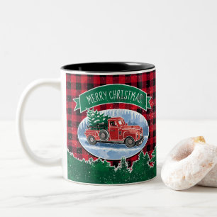 Frohe Weihnachten Vintage-LKW Roter Büffel-Karo Zweifarbige Tasse