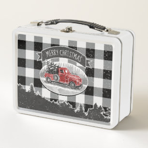 Frohe Weihnachten Vintage-LKW Weiße Buffalo-Karo Metall Brotdose
