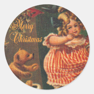Frohe Weihnachten Vintage Mädchen und Bär Runder Aufkleber
