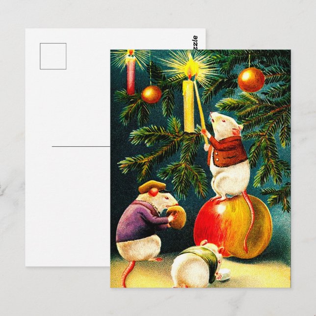 Frohe Weihnachten. Vintage Mäuse Postkarte (Vorne/Hinten)