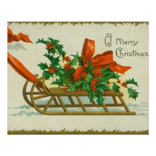 Frohe Weihnachten - Vintage-Postkarte, Schlitten u Poster