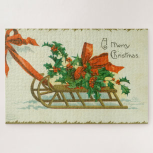 Frohe Weihnachten - Vintage-Postkarte, Schlitten u Puzzle