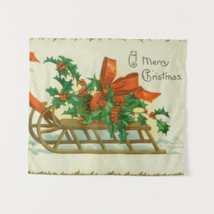 Frohe Weihnachten - Vintage-Postkarte, Schlitten u Wandteppich