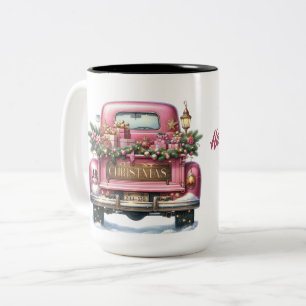 Frohe Weihnachten Vintage Rosa LKW Zweifarbige Tasse