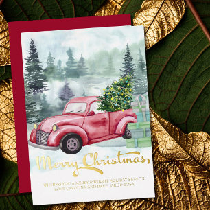 Frohe Weihnachten Vintage roter LKW im Wald Gold Folien Feiertagskarte