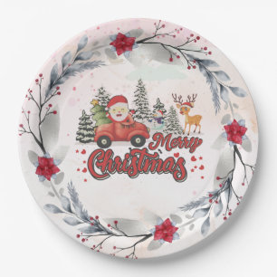 Frohe Weihnachten Vintage roter Santa-LKW-Geschenk Pappteller