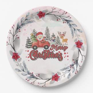 Frohe Weihnachten Vintage roter Santa-LKW-Geschenk Pappteller