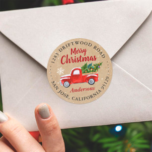 Frohe Weihnachten Vintage-Rotlastwagen-Adresse-Sie Runder Aufkleber