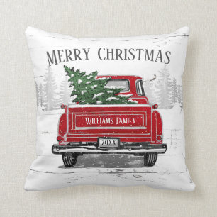 Frohe Weihnachten Vintage-Rotlastwagen-Name Rustik Kissen