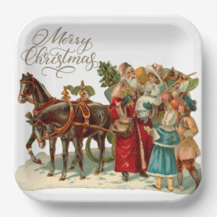 Frohe Weihnachten Vintage Santa mit Kindern Pappteller