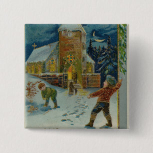 Frohe Weihnachten - Vintage Schneeballkampf Grußka Button