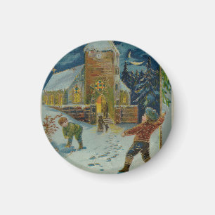 Frohe Weihnachten - Vintage Schneeballkampf Grußka Magnet